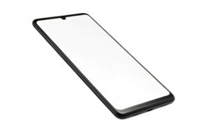 sleek black smartphone with blank screen, angled for display. Ideal for showcasing technology png