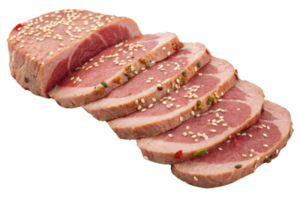 Sliced meat with sesame seeds, garnished with spices, on transparency background png