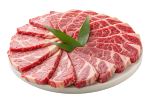Freshly sliced beef arranged beautifully on plate, showcasing marbling and texture png