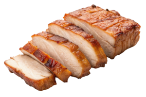 Sliced roasted pork with crispy skin, showcasing delicious texture and color. Perfect for culinary presentations png