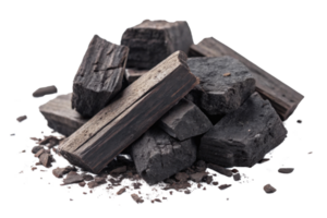 Charcoal pieces stacked together, showcasing various textures and colors. Ideal for grilling or art projects png