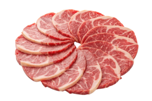 Fresh marbled beef slices arranged in circular pattern, showcasing rich texture and color. Perfect for grilling or hot pot png