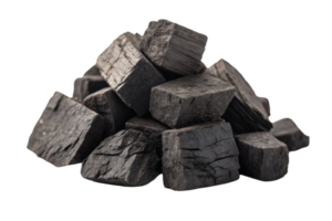 Charcoal pieces stacked in pile, showcasing dark texture and natural form. Ideal for grilling and art projects png