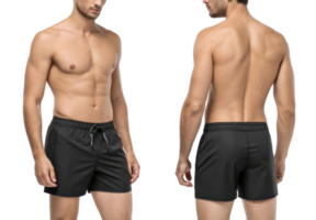 man wearing black swim shorts, showcasing fit physique from front and back views png