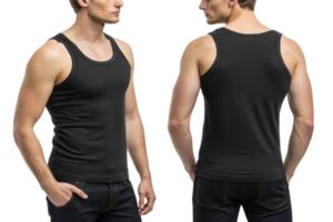 man wearing black tank top, showcasing front and back views, exuding confidence and style png