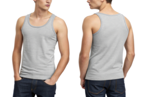 Light gray tank top worn by man, showcasing front and back views png
