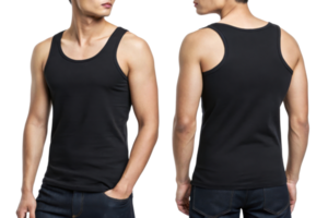 Black tank top worn by man, showcasing front and back views, ideal for casual wear png