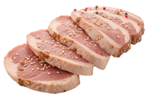 Sliced meat with sesame seeds and spices on transparency background png