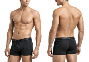model showcasing black swimwear design from multiple angles, emphasizing fit and style png