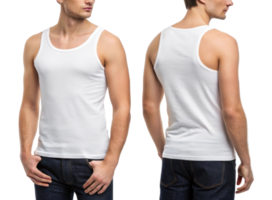 man wearing white tank top, showcasing front and back views, casual style png