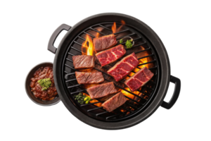 Grilled meat on barbecue with flames and dipping sauce, delicious and inviting png