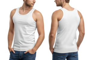plain white tank top worn by man, showcasing front and back views png