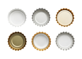 Bottle caps in various colors and materials, showcasing unique designs and textures png