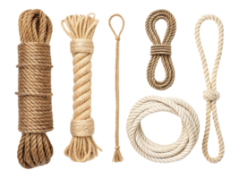 Ropes of various types and colors arranged on transparency background, showcasing their textures and forms png
