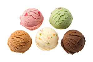 Delicious ice cream scoops in various flavors including chocolate, vanilla, strawberry, mint, and pistachio png