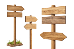 Wooden signposts with blank boards for directional guidance and customization png