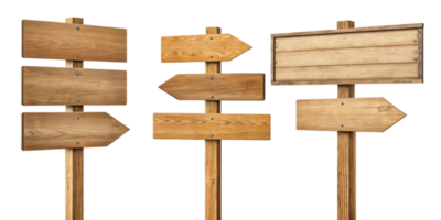 Wooden signposts with blank surfaces for directional guidance and information png