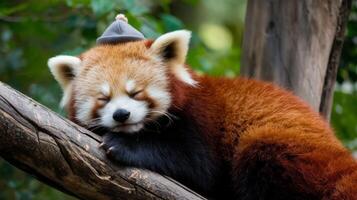 A red panda sleeping on a branch with a hat on photo