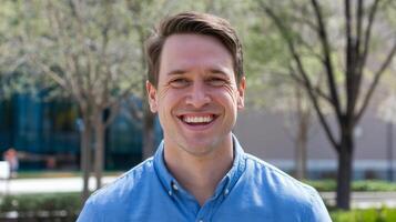 A man smiles while standing in front of trees photo