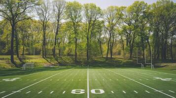 An empty football field with trees in the background photo