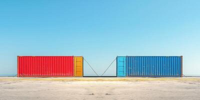 A vibrant red and blue shipping container stand out against a clear blue sky, creating a striking contrast in an industrial setting. photo