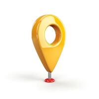 A shiny yellow location pin sits on a white background, symbolizing navigation and destination. photo