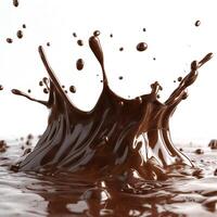 A dynamic splash of rich, dark chocolate creates an artistic visual against a clean, white background. photo