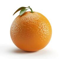 A vibrant orange with a fresh green leaf, showcasing its textured skin and bright color. photo