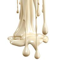 Close-up of creamy beige liquid dripping, creating a smooth and glossy texture on a white background. photo