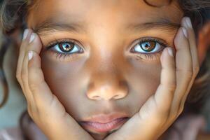A close-up portrait of a young girl with striking blue eyes, expressing curiosity and contemplation as she rests her face in her hands. photo