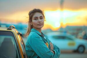 A young Middle-Eastern woman confidently poses by a car at sunset, showcasing strength and determination in an urban setting. photo