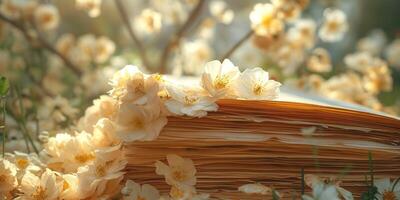 A close-up of an open book adorned with delicate white flowers, glowing softly in warm sunlight. photo