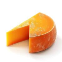 A vibrant orange cheese wheel with a triangular wedge removed, showcasing its rich color and smooth texture. photo