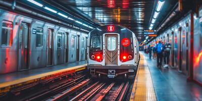 A subway train awaits passengers at a bustling station, illuminated by vibrant blue and orange lights. photo