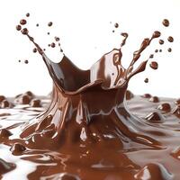 A dynamic splash of rich, dark chocolate showcasing its glossy texture and fluid motion against a light background. photo