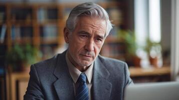 An older man in a suit and tie looking at his laptop photo