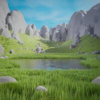 A low poly landscape with grass and rocks photo