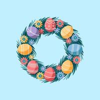 Rustic Easter Door Wreath with Pastel Eggs and Greenery vector