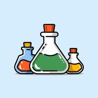 Three colorful laboratory flasks with liquid inside vector