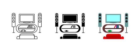 TV setup icon. Home entertainment system with television, speakers and furniture illustration. Modern media center pictogram. Comfortable living room with technology sign. vector