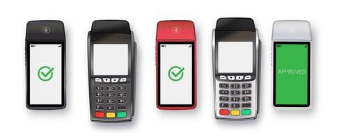 3D Realistic NFC Payment Terminal. Credit Card. Payment Machine. Template for Bank Payment Contactless Terminal. POS Terminal. vector