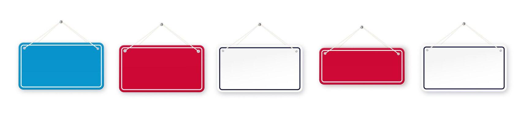 Red and blue shop door signs hanging isolated . Empty or blank sign for store, restaurant or cafe. illustration