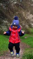 Happy smiling toddler wearing warm clothes walks by the path in the green grass. Boy comes up to his mom to pick up a stick. Vertical video