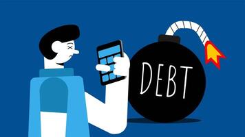 A bomb labeled debt with a man holding a calculator, representing being trapped in debt video