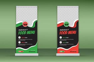 Delicious food menu roll-up banner design template for restaurant in green and red color bundle on white background, modern and special fast food menu design pull-up banner for business promotion set vector