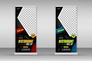 Delicious food menu roll-up banner design template for restaurant in red and blue color bundle on white background, modern and special fast food menu design pull-up banner for business promotion set vector