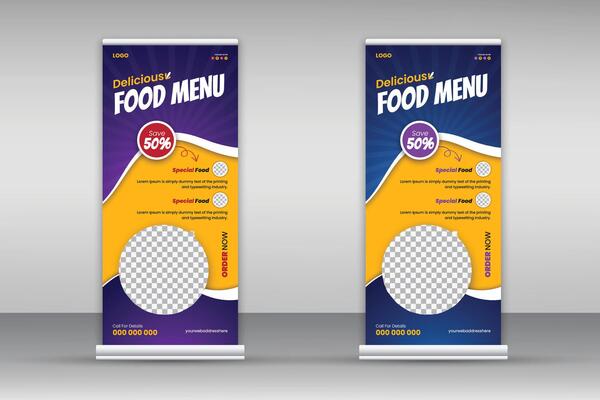 Delicious food menu roll up banner design template for restaurant in purple and blue color bundle, modern and special fast food menu design pull up banner for business promotion set