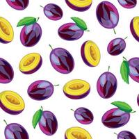 Seamless pattern with whole and half plums with leaves isolated on a white background. vector