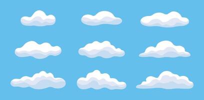 Set of white fluffy clouds isolated on blue background. Flat illustration. Cute clouds in cartoon style. vector