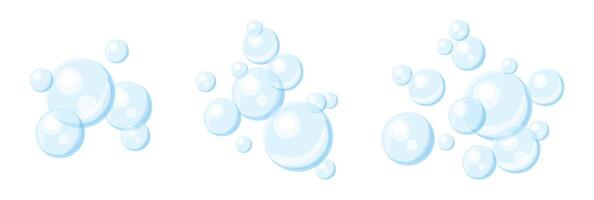 Set of air bubbles in cartoon style. Flat illustration of cute transparent soap bubbles isolated on white background. Blue round bubbles of different sizes, small, medium, large. Foam. vector
